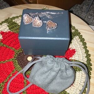 Hand Crafted Silver & Rose Pink Pave Crystal Heart Necklace & Earrings Set .925